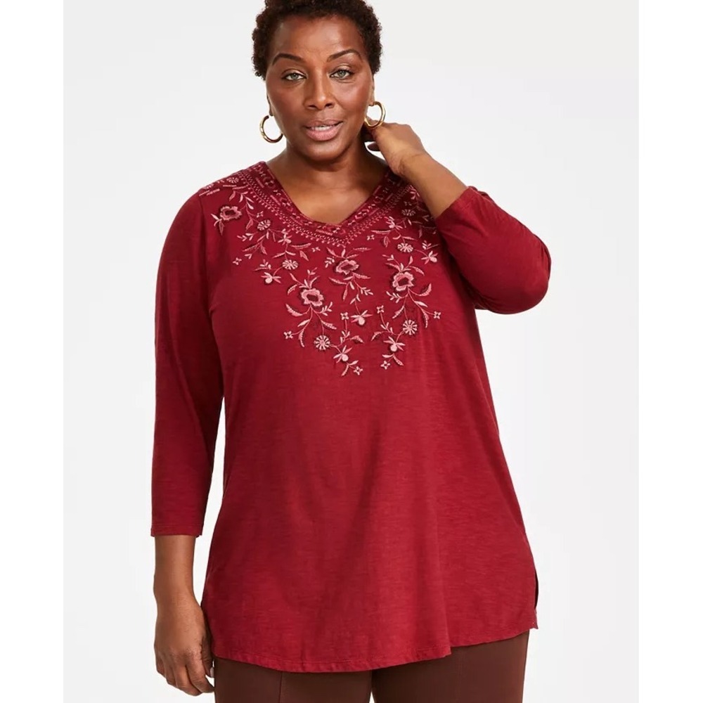 NWT Style Co Embroidered Top Women 2X Floral Boho Minimalist Slub‎ Knit Earthy
